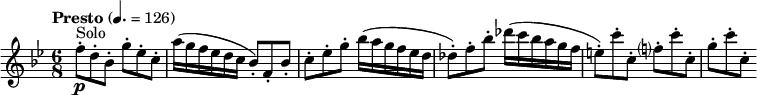 \new Staff \with {midiInstrument = #"clarinet"}
\relative c''{
\transposition a
\tempo "Presto" 4. = 126
\key bes \major
\time 6/8
f8^\markup{Solo}-.\p d-. bes-. g'-. es-. c-. |
a'16( g f es d c bes8-.) f-. bes-. |
c-. es-. g-. bes16( a g f es d |
des8-.) f-. bes-. des16( c bes a g f |
e8-.) c'-. c,-. f?-. c'-. c,-. |
g'-. c-. c,-.
}