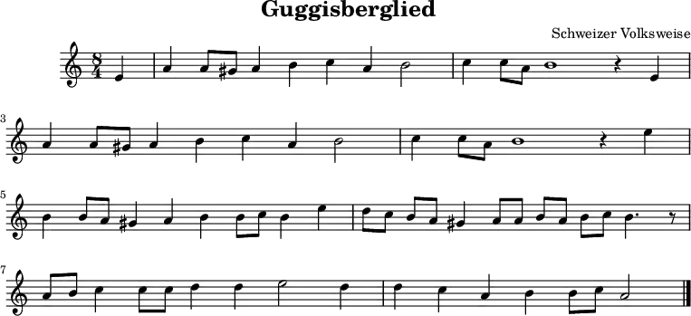 %\version "2.22.1"
\language "deutsch"
\header {
title = "Guggisberglied"
composer = "Schweizer Volksweise"
tagline = ##f
}
\score {
\midi {
\tempo 4 = 129
}
\layout { }
\new Staff \with {midiInstrument = "Flute"} {
\relative {
\clef "treble"
\time 8/4
\key c \major
\partial 4
e'4 a a8 gis a4 h c a h2 c4 c8 a h1 r4 e, \break
a a8 gis a4 h c a h2 c4 c8 a h1 r4 e \break
h h8 a gis4 a h h8 c h4 e d8 c h a gis4 a8 a h a h c h4. r8 \break
a h c4 c8 c d4 d e2 d4 d c a h h8 c a2 \bar "|."
}
}
}