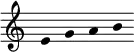 
\language "deutsch"
\new Staff \with { \remove "Time_signature_engraver" \remove Bar_engraver }   
\relative c' {
  \set Score.tempoHideNote = ##t
  \set Staff.midiInstrument = #"tubular bells" 
  \hide Stem 
  \tempo 4 = 45 
  e g a h
}
