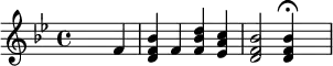 {\set Staff.midiInstrument = #"celesta" \key bes \major \skip2. f'4 <d' f' bes'> f' <f' bes' d''> <es' a' c''> <d' f' bes'>2 <d' f' bes'>4\fermata \skip4}