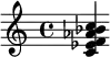  \relative c' { <c es f aes bes c> } 