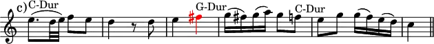 \version "2.14.2"
\header {
tagline = ##f
}
upper = \relative c'' {
\override Score.TimeSignature.stencil=##f
\clef treble
\key c \major
\time 2/4
\tempo 4 = 72
{ \mark "c)" e8.^"C-Dur"( d32 e) f8 e d4 r8 d8 e4 \tweak NoteHead.color #red \tweak Stem.color #red \tweak Accidental.color #red fis4^"G-Dur" g16( fis) g( a) g8 f^"C-Dur" e g g16( f) e( d) c4 \bar "||" }
}
\score {
\new Staff = "upper" \upper
\layout {
\context {
\Score
\remove "Metronome_mark_engraver"
}
}
\midi { }
}