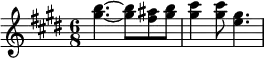 {\set Staff.midiInstrument = #"celesta" \time 6/8 \key e \major <gis'' b''>4.~<gis'' b''>8 <fis'' ais''>8 <gis'' b''>8 <gis'' cis'''>4 <gis'' cis'''>8 <e'' gis''>4.}