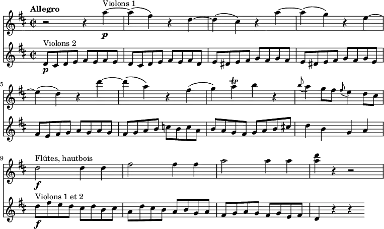 
<<
  \new Staff
     \relative c'' {
         \version "2.18.2"
         \clef "treble"
         \tempo "Allegro"
         \key d \major
         \time 2/2
         \tempo 4 = 160
              r2 r4 a'4\p ^\markup{Violons 1} ~
              a (fis) r4 d ~
              d (cis) r4 a' ~
              a (g) r4 e ~
              e (d) r4 d' ~
              d (a) r4 fis
              (g) a\trill b r4
              \grace b8 (a4) g8 fis  \grace fis8 (e4) d8 cis
              d2\f^\markup{Flûtes, hautbois} d4 d
               fis2 fis4 fis
              a2 a4 a
              <a d> r4 r2
}
\new Staff
\relative c'' {
         \clef "treble"
         \tempo "Andante"
         \key d \major
         \time 2/2
          d,8\p^\markup{Violons 2} cis d e fis e fis e
          d8 cis d e fis e fis d
          e dis e fis g fis g fis
          e dis e fis g fis g e
          fis e fis g a g a g
          fis g a b c b c a
          b a g fis g a b cis!
          d4 b g a
          d8\f^\markup{Violons 1 et 2} fis e d cis d b cis
          a d cis b a b g a
          fis g a g fis g e fis
          d4 r4 r4
 }
>>
