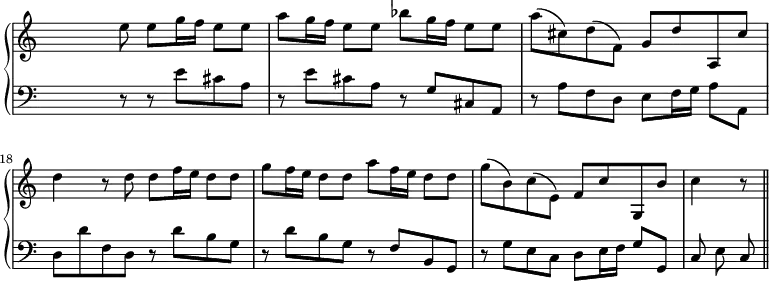 
\new PianoStaff <<
   \new Staff <<
    \set Score.tempoHideNote = ##t
    \tempo 2 = 58
    \override Staff.TimeSignature.transparent = ##t
    \set Score.currentBarNumber = #15
         \relative c''
         { s4. e8 e g16 f e8 e a g16 f e8 e bes' g16 f e8 e a ( cis,) d ( f,) g d' a, cis' d4 r8 d d f16 e d8 d g f16 e d8 d a' f16 e d8 d g ( b,) c ( e,) f c' g, b' c4 r8 \bar "||" }
          >>

    \new Staff <<
           \override Staff.TimeSignature.transparent = ##t
              \clef "bass"
              \relative c' { s4. r8 r e cis a r e' cis a r g cis, a r a' f d e f16 g a8 a, d d' f, d r d' b g r d' b g r f b, g r g' e c d e16 f g8 g, c e c }
     >>
 >>
