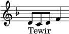 \relative c' { \override Staff.TimeSignature #'stencil = ##f \key f \major d8 c d f4 } \addlyrics { Tewir _ _ }
