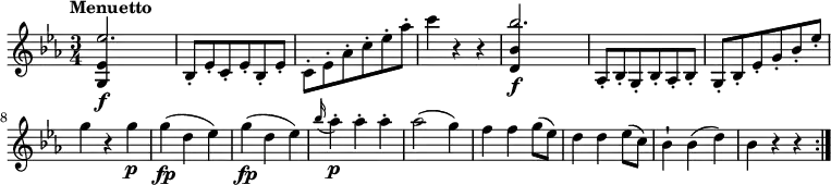 
\version "2.14.2"
 \relative c' {
         \clef "treble" 
         \tempo "Menuetto"
         \key ees \major
         \time 3/4 
         \tempo 4 = 120
     <<{<g ees'>4\f s2 } \\ { \stemUp ees''2.}>>
     bes,8-. ees-. c-. ees-. bes-. ees-.
    \stemDown  c-. ees-. aes-. c-. ees-. aes-.
     c4 r4 r4
     <<{<d,, bes'>4\f s2 } \\ { \stemUp bes''2.}>>
      \stemUp aes,,8-. bes-. g-. bes-. aes-. bes-.
    g-. bes-. ees-. g-. bes-. ees-.
    \stemDown g4 r4 g\p
     g\fp (d es)
     g\fp (d es)
    \grace bes'16 (aes4)-.\p aes-. aes-.
     aes2 (g4)
     f f g8 (ees)
     d4 d ees8 (c)
     bes4-! bes (d)
     bes r4 r4   \bar ":|."
 }
