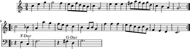 
\version "2.14.2"
\header {
  tagline = ##f
}
upper = \relative c'' {
  \clef treble 
  \key c \major
  \time 3/4
  \tempo 4 = 120
\set Timing.beamExceptions = #'()
\set Timing.baseMoment = #(ly:make-moment 1/4)
\set Timing.beatStructure = #'(3)

\repeat volta 2 { c4 e g g2 f4 e8 c f d c b c4 g2 e'4 e e fis8 a g fis g d c4 b a g2. }
\repeat volta 2 { << { c2 bes4 a a' g f8 e d4 c b a8 b g4 } \new Staff \with { \remove "Time_signature_engraver" } { \clef bass { r4 e,^"F-Dur" c f2. r4 fis4^"G-Dur" d g2. } } >>
f''4 f f e8 d c b c g f4 e d c2. }

}

\score {
    \new Staff = "upper" \upper
  \layout {
    \context {
      \Score
      \remove "Metronome_mark_engraver"
    }
  }
  \midi { }
}
