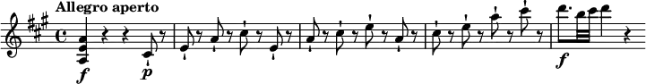 
\relative c'' {
  \key a \major
  \tempo "Allegro aperto"
  <a e a,>4\f r r cis,8-!\p r |
  e-! r a-! r cis-! r e,-! r |
  a-! r cis-! r e-! r a,-! r |
  cis-! r e-! r a-! r cis-! r |
  d8.\f b32 cis d4 r
}
