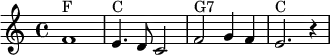 \relative c' {\key c \major \time 4/4 f1^"F" e4.^"C" d8 c2 f2^"G7" g4 f e2.^"C" r4} 
