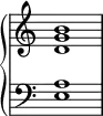  {
\override Score.TimeSignature #'stencil = ##f
\relative c' { \new PianoStaff <<
  \new Staff { \clef treble \time 4/4 \hide Staff.TimeSignature <d g b>1 }
  \new Staff { \clef bass \time 4/4 \hide Staff.TimeSignature  <e, a>1 }
>> } }
