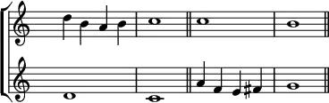 
\new ChoirStaff <<
   \new Staff <<
    \set Score.tempoHideNote = ##t
    \tempo 2 = 92
    \override Staff.TimeSignature.transparent = ##t
         \relative c''
         { d b a b c1 \bar "||" c b \bar "||" }
          >>
    \new Staff <<
           \override Staff.TimeSignature.transparent = ##t
              \relative c' { d1 c a'4 f e fis g1 }
     >>
 >>
