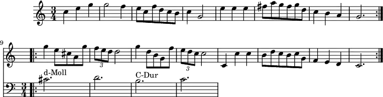 
\version "2.14.2"
\header {
  tagline = ##f
}
upper = \relative c'' {
  \clef treble 
  \key c \major
  \time 3/4
  \tempo 4 = 120
\set Timing.beamExceptions = #'()
\set Timing.baseMoment = #(ly:make-moment 1/4)
\set Timing.beatStructure = #'(3)

\repeat volta 2 { c4 e g g2 f4 e8 c f d c b c4 g2 e'4 e e fis8 a g fis g d c4 b a g2. }
\repeat volta 2 { << { g'4 e8 cis a g' \tuplet 3/2 { f8 e d } d2 g4 d8 b g f' \tuplet 3/2 { e8 d c } c2 } \new Staff { \clef bass { cis,2.^"d-Moll" d b^"C-Dur" c } } >>
c4 c' c b8 d c b c g f4 e d c2. }

}

\score {
    \new Staff = "upper" \upper
  \layout {
    \context {
      \Score
      \remove "Metronome_mark_engraver"
    }
  }
  \midi { }
}
