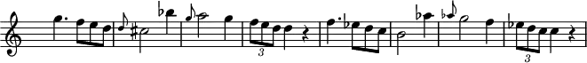 
\version "2.14.2"
\header {
  tagline = ##f
}
upper = \relative c'''  {
  \clef treble 
  \key c \major
  \time 3/4
  \tempo 4 = 120
    \override Staff.TimeSignature.transparent = ##t
\set Timing.beamExceptions = #'()
\set Timing.baseMoment = #(ly:make-moment 1/4)
\set Timing.beatStructure = #'(3)

g4. f8 e d \grace {d} cis2 bes'4 \grace {g8} a2 g4 \tuplet 3/2 { f8 e d } d4 r f4. es8 d c b2 as'4 \grace {as8} g2 f4 \tuplet 3/2 { es8 d c } c4 r

}

\score {
    \new Staff = "upper" \upper
  \layout {
    \context {
      \Score
      \remove "Metronome_mark_engraver"
    }
  }
  \midi { }
}
