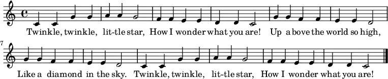 \relative c'{
c4 c4 g'4 g4 | a4 a4 g2 | f4 f4 e4 e4 | d4 d4 c2 |
g'4 g4 f4 f4 | e4 e4 d2 | g4 g4 f4 f4 | e4 e4 d2 |
c4 c4 g'4 g4 | a4 a4 g2 | f4 f4 e4 e4 | d4 d4 c2 |\bar "|."
}
\addlyrics {
Twin -- kle, twin -- kle, | lit -- tle star, |
How I won -- der | what you are! |
Up a -- bove the world so high, |
Like a dia -- mond in the sky. |
Twin -- kle, twin -- kle, | lit -- tle star, |
How I won -- der | what you are! |
}