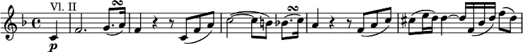 
{ \relative c' { \key f \major \time 4/4
\partial 4 c4 \p ^"Vl. II" | f2. g8.( ^\markup { "  " \musicglyph #"scripts.turn" } a16)
f4 r r8 c( f a) | c2~( c8 b) bes8.( ^\markup { " " \musicglyph #"scripts.turn" } c16)
a4 r r8 f( a c) | cis8( e16 d) d4~ d16 f,( bes d) f8( d) }}
\layout { \context {\Score \override SpacingSpanner.common-shortest-duration = #(ly:make-moment 1/8) }}
