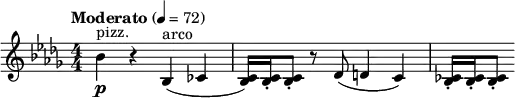  \relative c'' { \clef treble \numericTimeSignature \time 4/4 \key bes \minor \tempo "Moderato" 4 = 72 bes4\p^"pizz." r bes,(^"arco" ces | <c bes>16) <c bes>-. <c bes>8-. r des( d4 c) | <ces bes>16-. <ces bes>-. <ces bes>8-. } 