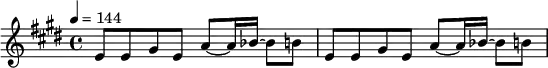 \relative e' {\key e \major \tempo 4 = 144 e8 e8 gis8 e8 a8 ~ a16 bes16 ~ bes8 b8 | e,8 e8 gis8 e8 a8 ~ a16 bes16 ~ bes8 b8}
