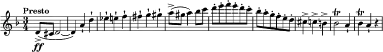 
{
  \new PianoStaff <<
    \new Staff \relative d' {
      \set Staff.midiInstrument = #"string ensemble 1" \key d \minor \clef treble \time 3/4 \set Score.tempoHideNote = ##t \tempo "Presto" 4 = 250
  d8 \ff ( -> cis8 d2 ~ | % 2
  d4 ) a'4 -! d4 -! | % 3
  es4 -! e4 -! f4 -! | % 4
  fis4 -! g4 -! gis4 -! | % 5
  a8 ( -> gis8 a4 ) bes8 c8 | % 6
  d8 -. e8 -. f8 -. e8 -. d8 -. c8 -. | % 7
  bes8 -. a8 -. g8 -. f8 -. e8 -. d8 -. | % 8
  cis4 -> c4 -> b4 -> | % 9
  bes2 \trill a4 -! |
  bes4 \trill a4 -! r4
    }
  >>
}
