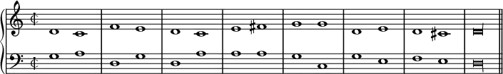 \version "2.14.2"
\header {
tagline = ##f
}
upper = \relative c' {
\set Score.skipBars = ##t
\autoBeamOff
\time 2/2 \override Staff.TimeSignature.style = #'mensural
\tempo 2 = 88
{ d1 \bar "" c f \bar "" e d \bar "" c e \bar "" fis g \bar "" g d \bar "" e d \bar "" cis \override NoteHead.style = #'baroque d\longa \bar "||" }
}
lower = \relative c' {
\clef bass
\time 2/2 \override Staff.TimeSignature.style = #'mensural
{ g1 a d, g d a' a a g c, g' e f e \override NoteHead.style = #'baroque d\longa }
}
\score {
\new PianoStaff <<
\new Staff = "upper" \upper
\new Staff = "lower" \lower
>>
\layout {
\context {
\Score
\remove "Metronome_mark_engraver"
}
}
\midi { }
}