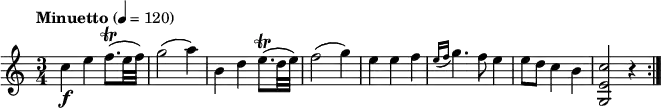 
\relative c' {
  \version "2.18.2"
  \key c \major
  \time 3/4
  \tempo "Minuetto" 4 = 120
  c'4\f e f8. \trill  (e32 f)  
  g2 (a4) b,4 d  e8. \trill  (d32 e) f2 (g4)
  e e f  \acciaccatura { e16 f }  g4. f8 e4 e8 d c4 b <g, e' c'>2 r4 \bar ":|."
}
