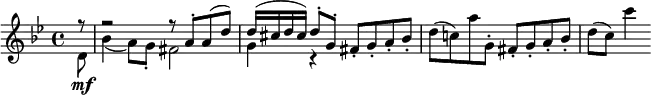  {{ \key g \minor \time 4/4 \partial 8 <<
\new Voice = "first" \relative f'' {
  \voiceOne f8\rest | f2\rest  f8\rest a,-. a( d) | d16( cis d cis) d8-. g,-. fis_. g_. a_. bes_. }
\new Voice = "second" \relative d' {
  \voiceTwo d8 \mf | bes'4( a8) g-. fis2 | g4 c,\rest } >> |
\oneVoice \relative d''{d8( c!) a' g,-. fis-. g-. a-. bes-. | d8( c) c'4 }}} 