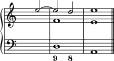 

\new PianoStaff <<
<< % wegen Generalbass
   \new Staff <<
    \set Score.tempoHideNote = ##t
    \tempo 4 = 160
    \override Staff.TimeSignature.transparent = ##t
     <<
     \new Voice = "first"
       \relative c''
         { \voiceOne \partial 2 e2 ~ e d e1 \bar "||" }
     \new Voice = "second"
       \relative c'
         { \voiceTwo \partial 2 s2 f1  e }
     >>

     >>

    \new Staff <<
           \override Staff.TimeSignature.transparent = ##t
              \clef "bass"
              \relative c {\partial 2 s2 d1 a}
     >>
 >>
  \new FiguredBass {
    \figuremode { <_>2 <9>2 <8> }
   }

>> % wegen Generalbass

