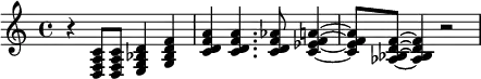 
<<
%\chords {\set Staff.midiInstrument = #"off"c1:7 f:6}
\new Staff  \relative c {\set Staff.midiInstrument = #"drawbar organ"r4 <d f a c>8 <d f a c>8 <e g bes d>4 <g bes d f>
<c d f a> <c d f a>4. <c d f as>8 <c es f a>4~ <c es f a>8 <as bes d f>8~ <as bes d f>4 r2}>>