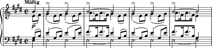 
\header {
  tagline = ##f }

global = {
  \key e \major
  \time 2/2
}

trebleOne = {
  \relative c'' {
    \global
    \tempo "Mäßig"
        \partial 4 b4 | b2-> b-> | b~-> b | b-> b-> | b~-> b
  }
}

trebleTwo = {
  \relative c' {
    \global
        \partial 4 e8\p( fis) | gis4( e8 fis) gis4( e8 gis) | a8.[ fis16 a8. fis16] gis4 e8( fis) | gis4( e8 fis) gis4( e8 gis) | a8.[ fis16 a8. fis16] e4
  }
}

bassOne = {
  \relative c' {
    \global
        \partial 4 gis8( b) | e4( gis,8 b) e4( gis,8 e') | fis8.[ b,16 fis'8. b,16] e4 gis,8( b) | e4( gis,8 b) e4( gis,8 e') | fis8.[ b,16 fis'8. b,16] gis4
  }
}

bassTwo = {
  \relative c {
     \global
        \partial 4 e4 | e2 e | e~ e | e e | e~ e
  }
}
\score {
  \new PianoStaff <<
    \new Staff { <<
        \clef treble
        \new Voice {
          \voiceOne
          \trebleOne
        }
        \new Voice {
          \voiceTwo
          \trebleTwo
        }
      >>
    }

    \new Staff { <<
        \clef bass
        \new Voice {
          \voiceOne
          \bassOne
        }
        \new Voice {
          \voiceTwo
          \bassTwo
        }
      >>
    }
   >>

  \layout {
    indent = #0
    \context {
      \Score
      \remove "Bar_number_engraver"
    }
  }
  \midi {}
}

