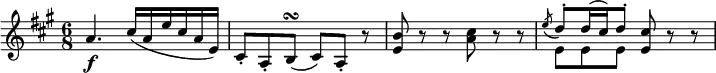  { \relative a' { \key a \major \time 6/8
a4. \f cis16( a e' cis a e) | cis8-. a-. b( \turn cis) a-. r | <b' e,> 8 r r <cis a> r r |
<< \new Voice = "first" { \stemUp \slurDown \acciaccatura e8 \stemUp \slurUp d8^. d16( cis) d8^. }
   \new Voice = "second" { \stemDown e,8 e e } >> <cis' e,>8 r r }} 