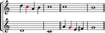 
\new ChoirStaff <<
   \new Staff <<
    \set Score.tempoHideNote = ##t
    \tempo 2 = 92
    \override Staff.TimeSignature.transparent = ##t
         \relative c''
         { d \tweak NoteHead.color #red \tweak Stem.color #red c a b c1 \bar "||" c b \bar "||" }
          >>
    \new Staff <<
           \override Staff.TimeSignature.transparent = ##t
              \relative c' { d1 c a'4 \tweak NoteHead.color #red \tweak Stem.color #red g e fis g1 }
     >>
 >>

