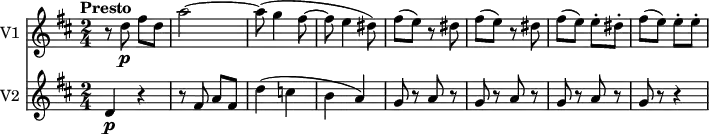 
<<
  \new Staff \with { instrumentName = #"V1 "}
  \relative c'' {
    \version "2.18.2"
    \key d  \major
    \tempo "Presto"
    \time 2/4
    \tempo 4 = 160
     r8 d8\p fis d
     a'2 ~
     a8 (g4 fis8 ~
     fis e4 dis8)
     fis (e) r8 dis
     fis (e) r8 dis
     fis (e) e-. dis-.
      fis (e) e-. e-.
}
\new Staff \with { instrumentName = #"V2 "}
\relative c'' {
    \key d  \major
    \time 2/4
     d,4\p r4
     r8 fis a fis
     d'4 (c b a)
     g8 r8 a r8
     g8 r8 a r8
     g8 r8 a r8
     g8 r8 r4
}
>>
