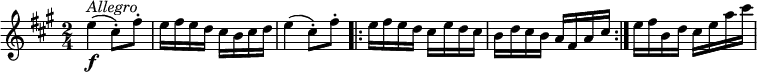 {
\set Score.tempoHideNote = ##t
\key a \major \time 2/4 \tempo 4 = 100
e''4( \f\p^\markup{\italic{Allegro}} cis''8)\staccato fis''\staccato
e''16 fis'' e'' d'' cis'' b' cis'' d''
e''4( cis''8)\staccato fis''\staccato
\repeat volta 2 {
  e''16 fis'' e'' d'' cis'' e'' d'' cis''
  b'16 d'' cis'' b' a' fis' a' cis''
}
e''16 fis'' b' d'' cis'' e'' a'' cis'''
}
