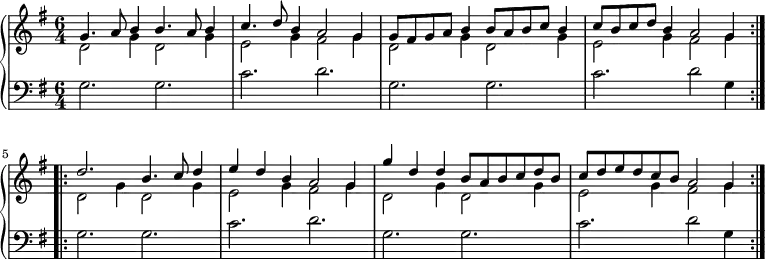 { \relative f'
\new PianoStaff <<
\new Staff
{ \clef violin \key g \major \time 6/4
<< { \repeat volta 2 { g4. a8 b4 b4. a8 b4 c4. d8 b4 a2 g4 g8 fis g a b4 b8 a b c b4 c8 b c d b4 a2 g4 } \repeat volta 2{ d'2. b4. c8 d4 e d b a2 g4 g' d d b8 a b c d b c d e d c b a2 g4 } }
\\
{ d2 g4 d2 g4 e2 g4 fis2 g4 d2 g4 d2 g4 e2 g4 fis2 g4 d2 g4 d2 g4 e2 g4 fis2 g4 d2 g4 d2 g4 e2 g4 fis2 g4 }
>> }
\new Staff
{ \clef bass \key g \major \time 6/4
<< { g,2. g2. c2. d2. g,2. g2. c2. d2 g,4 g2. g2. c2. d2. g,2. g2. c2. d2 g,4 }
>> }
>> }