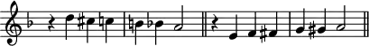 \version "2.14.2"
\header {
tagline = ##f
}
melody = \relative c'' {
\override Score.TimeSignature.stencil=##f
\key f \major
\time 2/2
\tempo 4 = 72
r4 d cis c | b bes a2 \bar "||" r4 e f fis | g gis a2 \bar "||" }
\score {
\new Staff = "melody" \melody
\layout {
\override Staff.TimeSignature.transparent =##t
\context {
\Score
\remove "Metronome_mark_engraver"
\remove "Mark_engraver"
\remove "Staff_collecting_engraver"
}
}
\midi { }
}