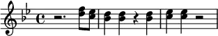 {\key bes \major r2. <d'' f''>8~ <c'' es''>8 <bes' d''>4 <bes' d''>4 r4 <bes' d''>4 <c'' es''>4 <c'' es''>4 r2}