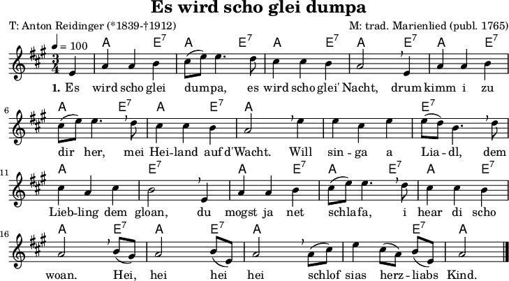 
\version "2.20.0"
\header {
  title = "Es wird scho glei dumpa"
  poet = "T: Anton Reidinger (*1839-†1912)"
  composer = "M: trad. Marienlied (publ. 1765)"
  % arranger = "arr: ccbysa Wikibooks (Mjchael)"
}
% Akkorde
myChords = \chordmode {
  \germanChords
  \set Staff.midiInstrument = #"acoustic guitar (nylon)"
  % Akkorde nur beim Wechsel Notieren
  % ggf. \once \set chordChanges = ##f
  \set chordChanges = ##t
  s4
  a,4 a e:7     
  a,4 a e:7
  a,4 a e:7   
  a,4 a e:7
  a,4 a e:7
  a,4 a e:7
  a,4 a e:7
  a,4 a a
  a,4 a a
  e,4:7 e:7 e:7
  a,4 a a
  e,4:7 e:7 e:7
  a,4 a e:7
  a,4 a e:7
  a,4 a e:7
  a,4 a e:7
  a,4 a e:7
  a,4 a a
  a,4 a e:7
  a,2
}

myMelody = \relative c' {
  \clef "treble"
  \time 3/4
  \tempo 4 = 100
  \key a \major
  \set Staff.midiInstrument = #"trombone"
  \partial 4
  e4 
  a a b | cis8 ([e8]) e4. d8 cis4 cis b a2 \breathe e4 a4 a b \break
  cis8 ([e8]) e4. \breathe
  d8 cis4 cis b a2 \breathe
  e'4 e cis e e8 ([d8]) b4. \breathe d8 \break
  cis4 a cis b2 \breathe 
  e,4 a4 a b cis8 ([e8]) e4. \breathe 
  d8 cis4 cis b a2 \breathe 
  b8 ([gis8]) a2 b8 ([e,8]) a2 \breathe 
  a8 ([cis8]) e4 cis8 ([a8]) b8 ([e,8]) a2
  \bar "|."
}

myLyrics = \lyricmode {
  \set stanza = "1."
	Es wird scho glei dum -- pa, es wird scho glei' Nacht,
	drum kimm i zu dir her, mei Hei -- land auf d'Wacht.
	Will sin -- ga a Lia -- dl, dem Lieb -- ling dem gloan,
	du mogst ja net schla -- fa, i hear di scho woan.
	Hei,_ hei hei_ hei schlof_ sias herz -- liabs_ Kind.
}

\score {
  <<
    \new ChordNames { \myChords }
    \new Voice = "Lied" { \myMelody }
    \new Lyrics \lyricsto "Lied" { \myLyrics }
  >>
  \midi { }
  \layout { }
}

% unterdrückt im raw="1"-Modus das DinA4-Format.
\paper {
  indent=0\mm
  % DinA4 0 210mm - 10mm Rand - 20mm Lochrand = 180mm
  line-width=180\mm
  oddFooterMarkup=##f
  oddHeaderMarkup=##f
  % bookTitleMarkup=##f
  scoreTitleMarkup=##f
}
