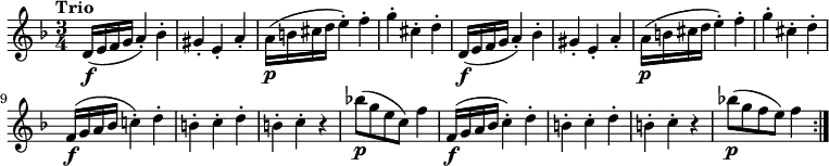 
\relative c' { 
      \version "2.18.2"
      \clef "treble" 
      \tempo "Trio" 
      \key f  \major
      \time 3/4
    d16 \f (e f g a4-.) bes-.
    gis-. e-. a-.
    a16 \p (b cis d e4-.) f-.
    g-. cis,-. d-.
    d,16 \f (e f g a4-.) bes-.
    gis-. e-. a-.
    a16 \p (b cis d e4-.) f-.
    g-. cis,-. d-.
    f,16 \f (g a bes c!4-.) d-.
    b-. c-. d-.
    b-. c-. r4
    bes'!8 \p (g e c) f4
    f, 16 \f (g a bes c4-.) d-.
    b-. c-. d-.
    b-. c-. r4
    bes'!8 \p (g f e ) f4 \bar ":|."
}
