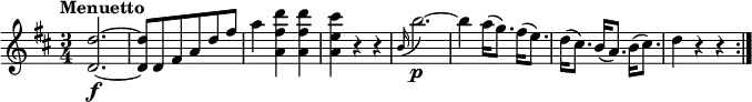 
\relative c'' {
    \version "2.18.2"
    \key d \major
    \tempo "Menuetto"
    \time 3/4
    <d, d'>2.\f ~
    <d d'>8 d8 fis a d fis
    a4 <a, fis'  d'> <a fis'  d'>
    <a e'  cis'> r4 r4
    \grace b16 (b'2.)\p ~
    b4 a16 (g8.) fis16 (e8.)
    d16 (cis8.) b16 (a8.) b16 (cis8.)
    d4 r4 r4  \bar ":|."
}
