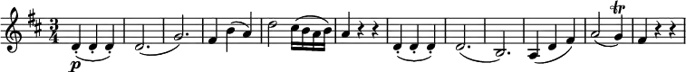  { \relative d' { \key d \major \time 3/4
d-.( \p d-. d-.) | d2.( | g2.) | fis4 b( a) | d2 cis16( b a b)| a4 r r |
d,-.( d-. d-.) | d2.( | b2.) | a4( d fis) | a2( g4) \trill | fis4 r r }} 