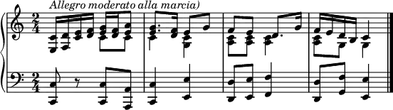  {
\set Score.tempoHideNote = ##t
\new PianoStaff <<
  \new Staff { \clef violin \key c \major \time 2/4 \tempo 4 = 60
    <e c'>16^\markup{\italic{Allegro moderato alla marcia)}} <f d'> <c' e'> <d' f'>
    << { \voiceOne
        <e' g'>16 <d' f'> <e' a'>8
        <e' g'>8. <d' f'>16 e'8 g'
        f'8 e' d'8. g'16
        f'16 e' d' b c'4
    }
    \new Voice { \voiceTwo
      c'8 c'
      c'4 <g c'>
      <a c'>8 <a c'> <a c'>4
      <a c'>8 g g4
    } >> \oneVoice
    \bar "|."
  }
  \new Staff { \clef bass \key c \major \time 2/4
    <c, c>8 r <c, c> <a,, a,>
    <c, c>4 <e, e>
    <d, d>8 <e, e> <f, f>4
    <d, d>8 <g, f> <e, e>4 \bar "|."
  }
>> }