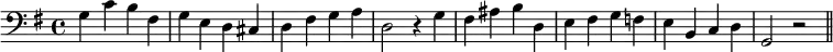 
  \new Staff {
  \key g \major
    \new Voice = "right" {
      \relative c' { \clef "bass" g4 c b fis g e d cis d fis g a d,2 r4 g fis ais b d, e fis g f e b c d g,2 r \bar "||"
      }
    }
  }
