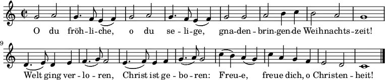 <<
\new Voice \relative c'' {
\autoBeamOff
\language "deutsch"
\tempo 4 = 120 \set Score.tempoHideNote = ##t
\time 2/2
\repeat unfold 2 {
g2 a g4. f8 e4 ( f )
}
g2 g a h4 c h2 a g1
d4. ( e8 ) d4 e f4. ( g8 ) f2
e4. ( f8 ) e4 f g4. ( a8 ) g2
c4 ( h ) a ( g ) c a g f e2 d c1 \bar "|."
}
\addlyrics {
O du fröh -- li -- che, o du se -- li -- ge,
gna -- den -- brin -- gen -- de Weih -- nachts -- zeit!
Welt ging ver -- lo -- ren, Christ ist ge -- bo -- ren:
Freu -- e, freu -- e dich, o Chris -- ten -- heit!
}
>>