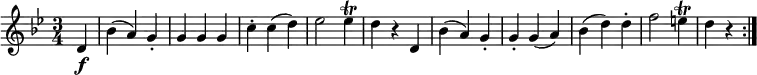  { \relative d' { \key g \minor \time 3/4
\partial 4 d4 \f | bes'4( a) g-. | g4 g g | c4-. c( d) | es2 es4 \trill | d4 r d, |
bes'4( a) g-. | g4-. g( a) | bes4( d) d-. | f2 e4 \trill | d4 r \bar ":|." }} 