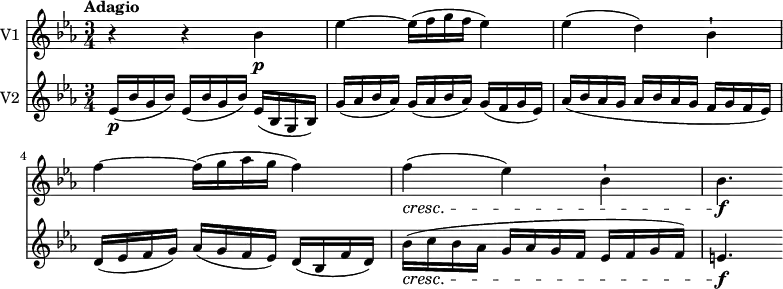 
  \version "2.18.2"
 <<
\new Staff \with { instrumentName = #"V1 "}  \relative c'' {
    \version "2.18.2"
    \key ees \major
    \tempo "Adagio"
    \tempo 4 = 50
    \time 3/4
   r4 r bes \p
   ees ~ ees16 (f g f ees4)
   ees (d) bes-!
   f' ~ f16 (g aes g f4)
   f \cresc (ees) bes-!
   bes4. \f
}
\new Staff \with { instrumentName = #"V2 "}  \relative c' {
    \key ees \major
    \clef "treble"
    \time 3/4
    \set Staff.midiMinimumVolume = #0.2 \set Staff.midiMaximumVolume = #0.5
   ees16 \p (bes' g bes) ees, (bes' g bes) ees, (bes g bes)
   g' (aes bes aes) g (aes bes aes) g (f g ees)
   aes (bes aes g aes bes aes g f g f ees)
   d (ees f g) aes (g f ees) d (bes f' d)
   bes' \cresc (c bes aes g aes g f ees f g f)
   e4. \f
}
>>
