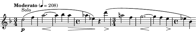 \new Staff \with {midiInstrument = #"clarinet"}
\relative c''{
\transposition a
\tempo "Moderato" 4 = 208
\key d \minor
\time 3/4
d2(^\markup{Solo}\p f4 |
a2.~\< |
a4\! bes a\> |
\time 4/4
as es)\! r4 d'(\> |
\time 3/4
a!2\! f4 |
g2.~\< |
g4\! f e\> |
\time 4/4
es\! bes)
}