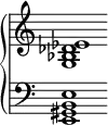 
\new PianoStaff \with {
  \omit Score.SpanBar
  \omit Score.BarLine
  \omit Score.TimeSignature
} <<
  \new Staff \relative c' {
    \clef "treble" <ees des bes g>1 }
  \new Staff \relative c {
    \clef "bass" <e b gis e>1 }
>>
