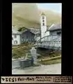 Vals Platz, Brücke und Kirche talaufwärts. Historisches Bild von Leo Wehrli (1948)
