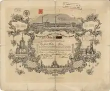 Gründeraktie der Actien-Gesellschaft Eisen-Industrie zu Stirum über 1000 Thaler Preuss. Courant, ausgegeben in Styrum am 1. Februar 1858, ausgestellt auf Friedrich Grillo in Essen. Die Aktie wurde eigenhändig von den Vorstandsmitgliedern unterschrieben, u. a. von Friedrich Grillo, Ernst Nedelmann und Daniel Morian. Die von Wilhelm Theodor Grillo gegründete Eisen-Industrie zu Stirum gehörte zu dieser Zeit zu den bedeutendsten Gesellschaften des Ruhrkohlenbezirks.