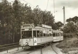 Tw 6204 mit Bw 868 (BM 28/35) auf der Linie 75E in der Wendeschleife Hakenfelde, 1962